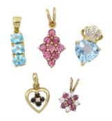 Five 9ct gold pendants including heart shaped blue topaz and diamond