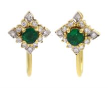 Pair of 18ct gold green stone and round brilliant cut diamond cluster screw back earrings