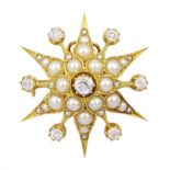 Victorian 18ct gold old cut diamond and spilt pearl star pendant/brooch