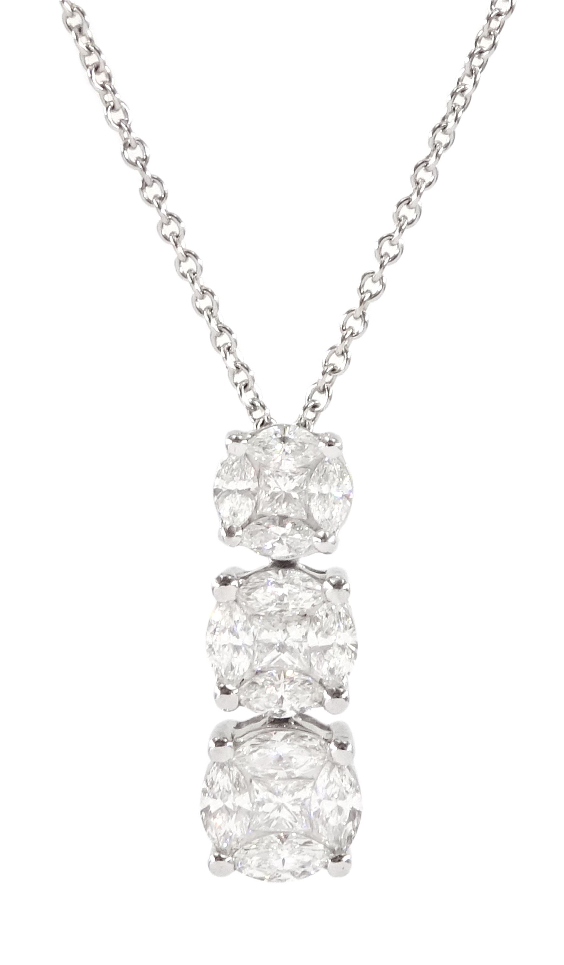 18ct white gold princess and marquise cut diamond cluster pendant necklace