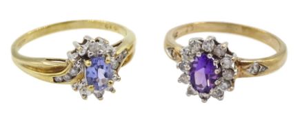 Gold tanzanite and diamond cluster ring and a gold amethyst and cubic zirconia cluster ring