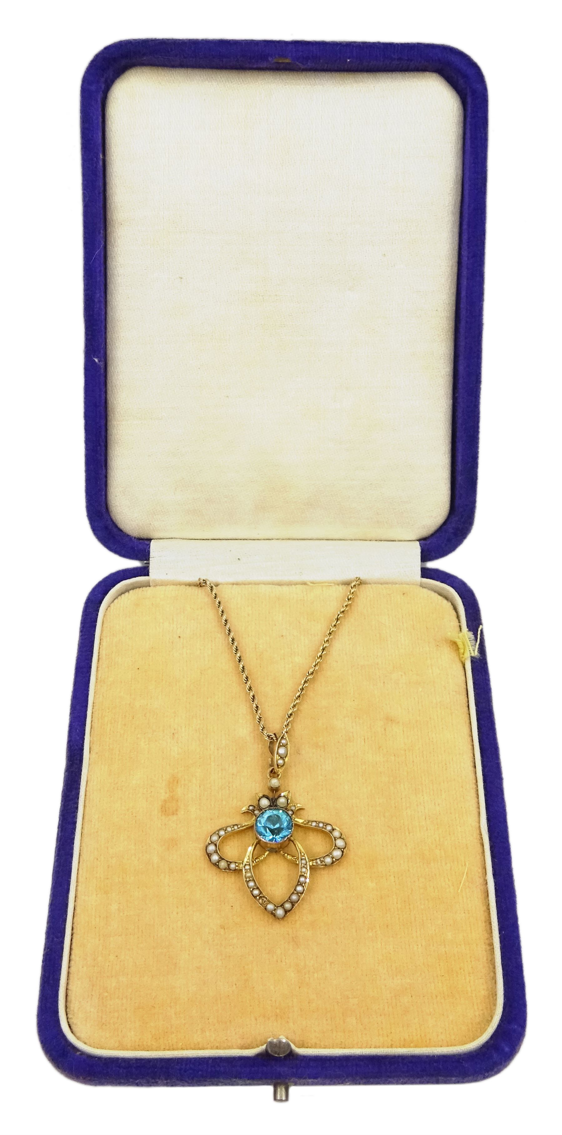 Edwardian gold blue zircon and seed pearl pendant - Image 2 of 3