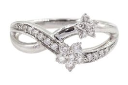 18ct white gold round brilliant cut diamond flower crossover ring