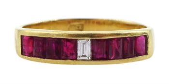 18ct gold channel set rectangular cut ruby and baguette cut diamond half eternity ring