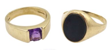 Gold bloodstone signet ring and a single stone amethyst ring