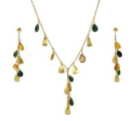 18ct gold tourmaline and citrine pendant necklace and a pair of matching 18ct gold stud earrings