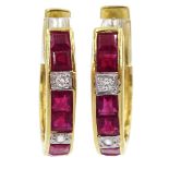 Pair of 18ct gold calibre cut ruby and round brilliant cut diamond hoop earrings