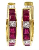 Pair of 18ct gold calibre cut ruby and round brilliant cut diamond hoop earrings