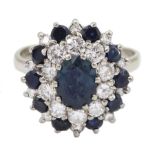 White gold sapphire and diamond cluster ring