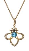 Edwardian gold blue zircon and seed pearl pendant