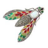 Silver plique-a-jour opal and marcasite moth pendant/brooch