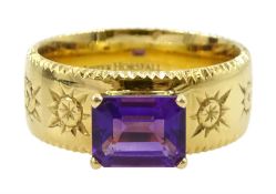 18ct gold single stone emerald cut amethyst ring by Lister Horsfall