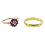 9ct gold ruby and diamond cluster ring and an 18ct gold wedding band