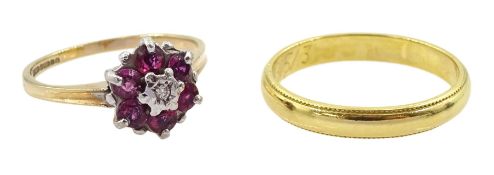 9ct gold ruby and diamond cluster ring and an 18ct gold wedding band