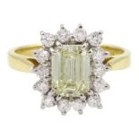 18ct gold emerald cut fancy yellow diamond and round brilliant cut diamond cluster ring