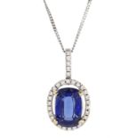 18ct white gold rectangular cushion cut sapphire and round brilliant cut diamond halo cluster pendan