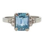 Platinum Art Deco emerald cut blue zircon ring