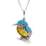 Silver amber and turquoise kingfisher pendant necklace