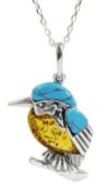 Silver amber and turquoise kingfisher pendant necklace