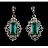 Silver green stone and marcasite filigree design pendant stud earrings