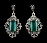 Silver green stone and marcasite filigree design pendant stud earrings