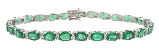 18ct white gold oval cut emerald and round brilliant cut diamond bracelet