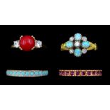 Four silver and silver-gilt stone set rings including opal and cubic zirconia