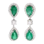 Pair of 18ct white gold pear cut emerald and diamond pendant stud earrings