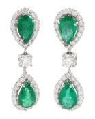 Pair of 18ct white gold pear cut emerald and diamond pendant stud earrings