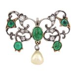 Early 20th century gold and silver cabochon emerald and old cut diamond openwork pendant/brooch