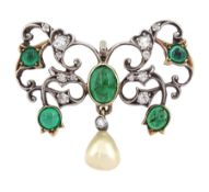 Early 20th century gold and silver cabochon emerald and old cut diamond openwork pendant/brooch