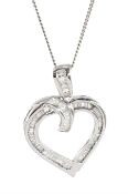 10ct white gold tapered baguette cut diamond heart shaped pendant