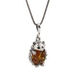 Silver Baltic amber hedgehog pendant necklace