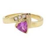 14ct gold trillion cut pink sapphire and round brilliant cut diamond ring