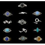 Thirteen silver and stone set silver rings including moonstone