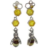 Pair of silver amber honeycomb and bee pendant stud earrings