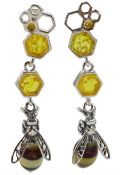 Pair of silver amber honeycomb and bee pendant stud earrings