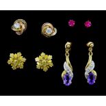 Four pairs of 9ct gold earrings including amethyst and diamond chip