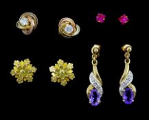 Four pairs of 9ct gold earrings including amethyst and diamond chip