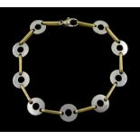 19ct white gold circular disk and yellow gold bar link bracelet