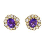 Pair of 18ct gold amethyst and diamond cluster stud earrings