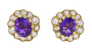 Pair of 18ct gold amethyst and diamond cluster stud earrings