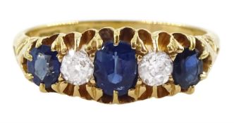 Edwardian five stone oval cut sapphire and old cut diamond ring