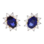 Pair of 18ct gold oval cut sapphire and round brilliant cut diamond cluster stud earrings