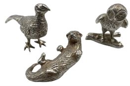 Three novelty silver animals modelled as a pheasant