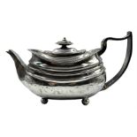 George III silver rectangular teapot with bead edge and reeded decoration on ball feet London 1814
