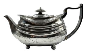 George III silver rectangular teapot with bead edge and reeded decoration on ball feet London 1814