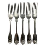 Five 19th century silver fiddle and shell pattern dessert forks