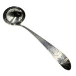 George III Irish silver soup ladle with bright cut stem and engraved with initials L33cm Dublin 1804