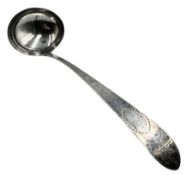 George III Irish silver soup ladle with bright cut stem and engraved with initials L33cm Dublin 1804
